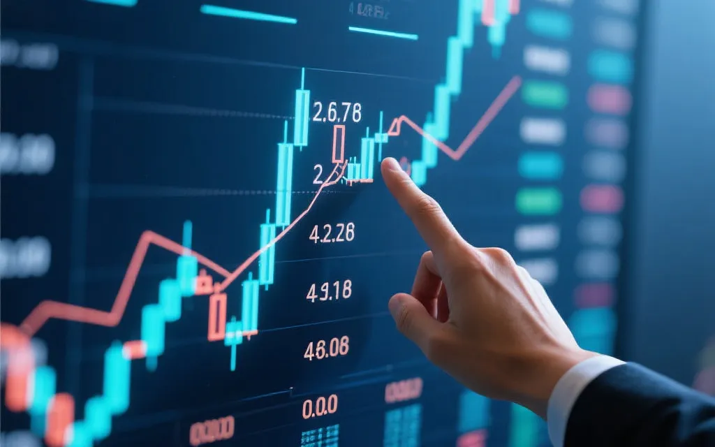 数字走势图表,数据分析师用手指追踪趋势